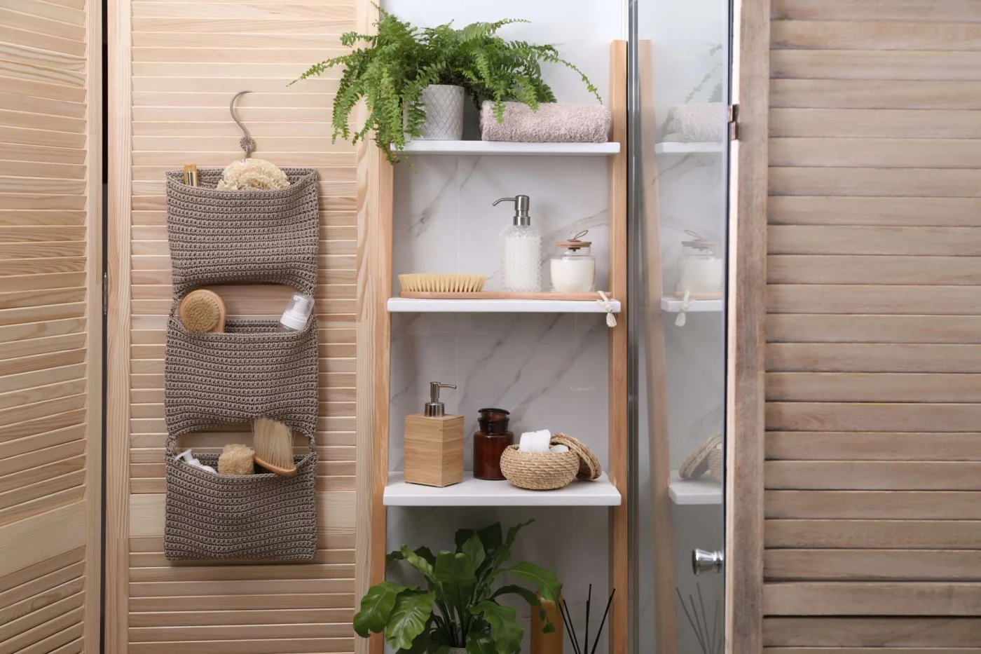 Bathroom wall organizer providing efficient storage during a remodel project