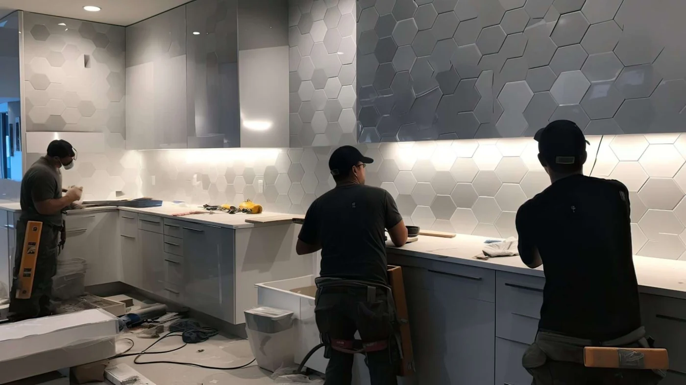 Sleek contemporary kitchen showcasing full remodeling project with skilled labor and modern enhancements