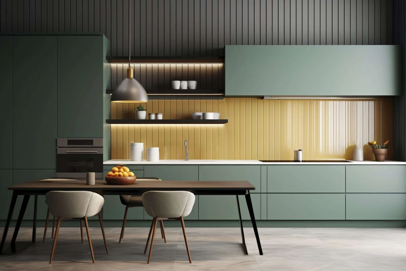 Modern minimalist kitchen design highlighting backsplash, flooring, and wall tile terminology