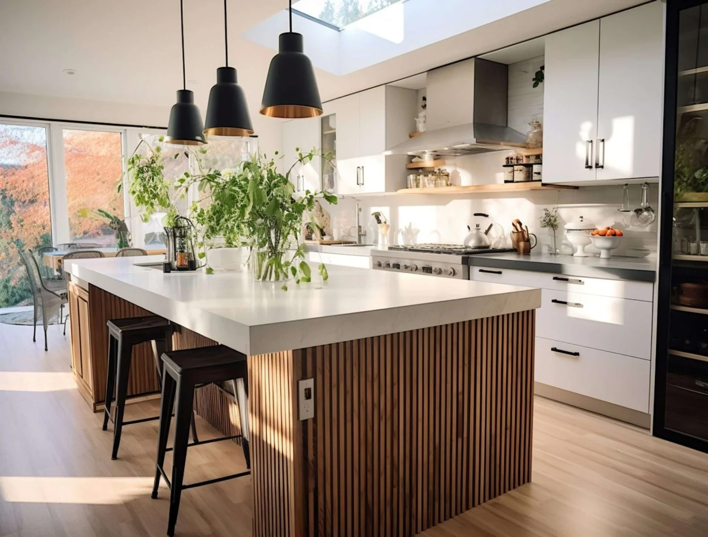 Modern kitchen with stylish lighting, highlighting the importance of proper lighting in a remodel