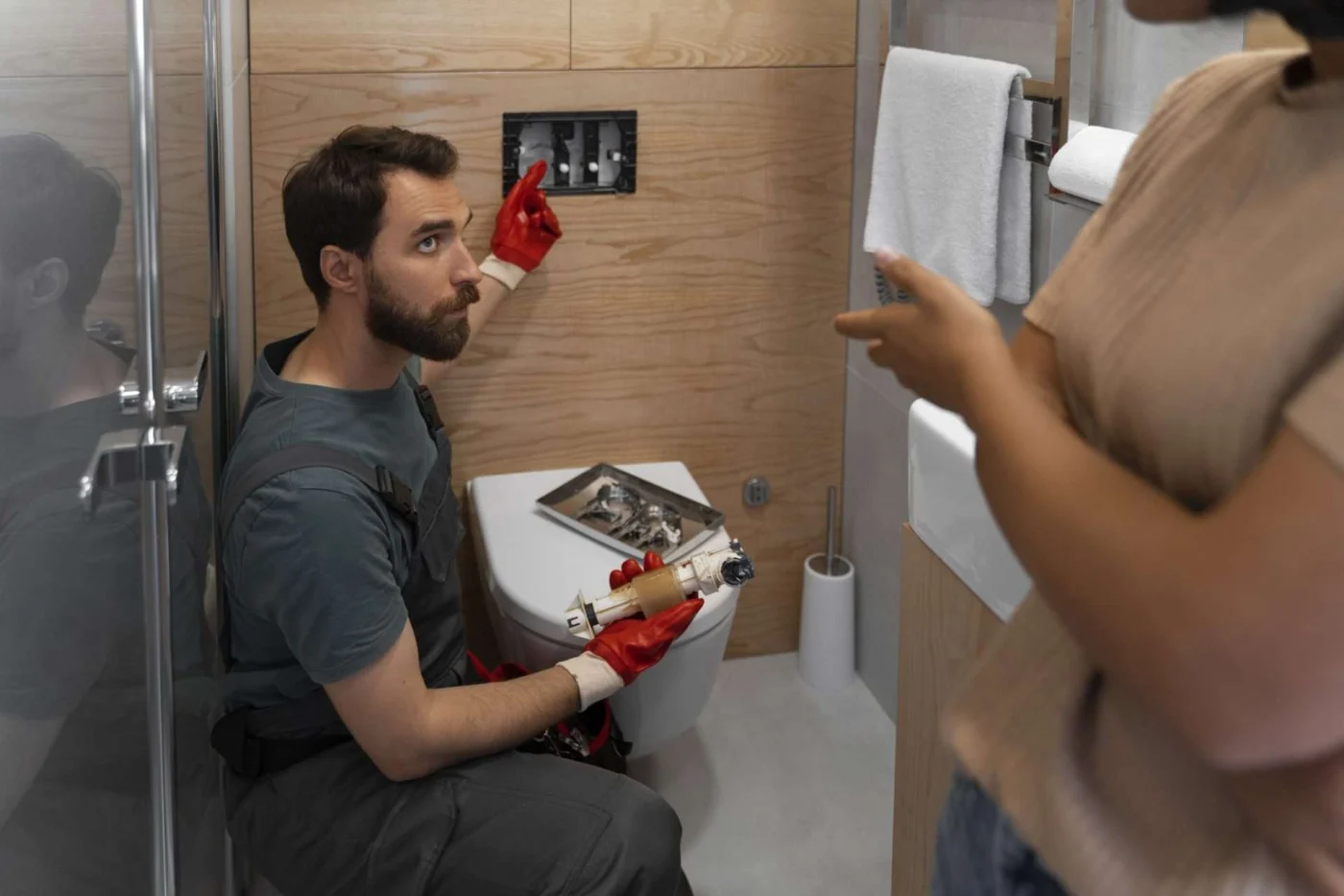 Plumber working on bathroom plumbing, illustrating steps in choosing and installing the right vanity
