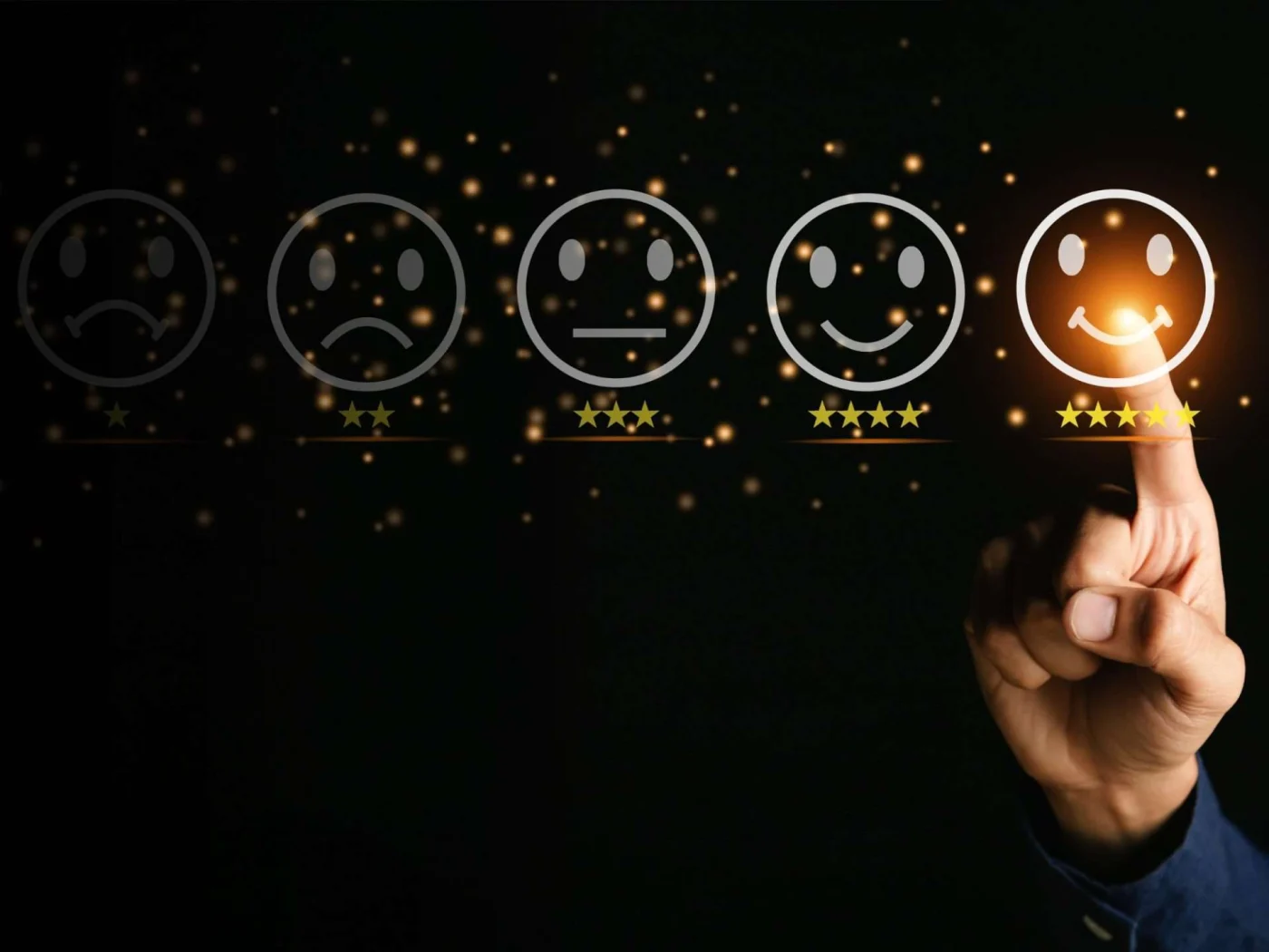 A futuristic touch screen rating system with a transparent glass displaying a rating of 1 to 5 stars and a finger touching the 5 star rating thus illuminating the screen with a light on the fingertip reminiscent of ET’s “phone home” finger