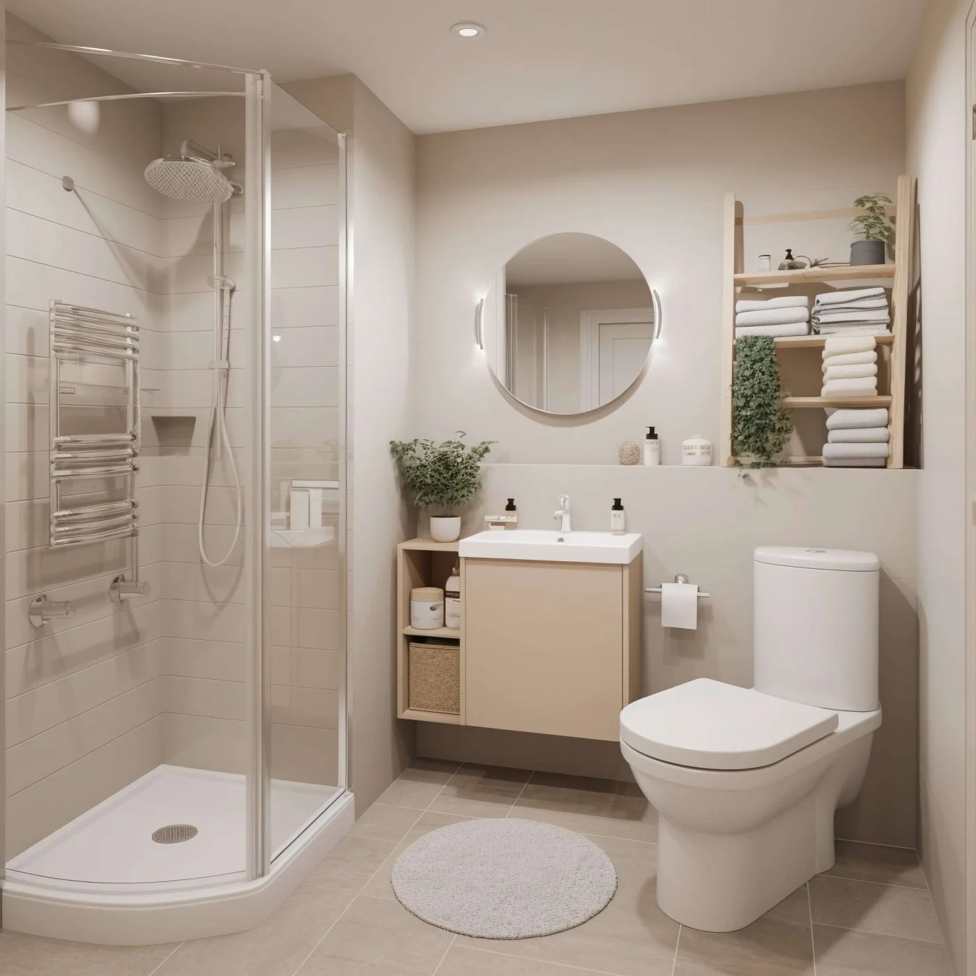 Stylish small bathroom featuring modern shower design and compact furnishings