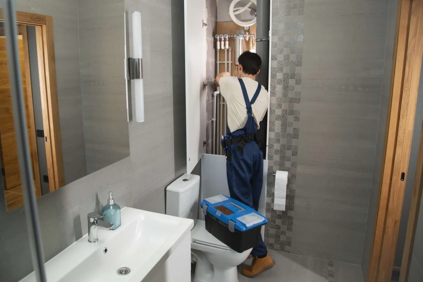 Professional plumber working on bathroom repairs as part of a remodeling project