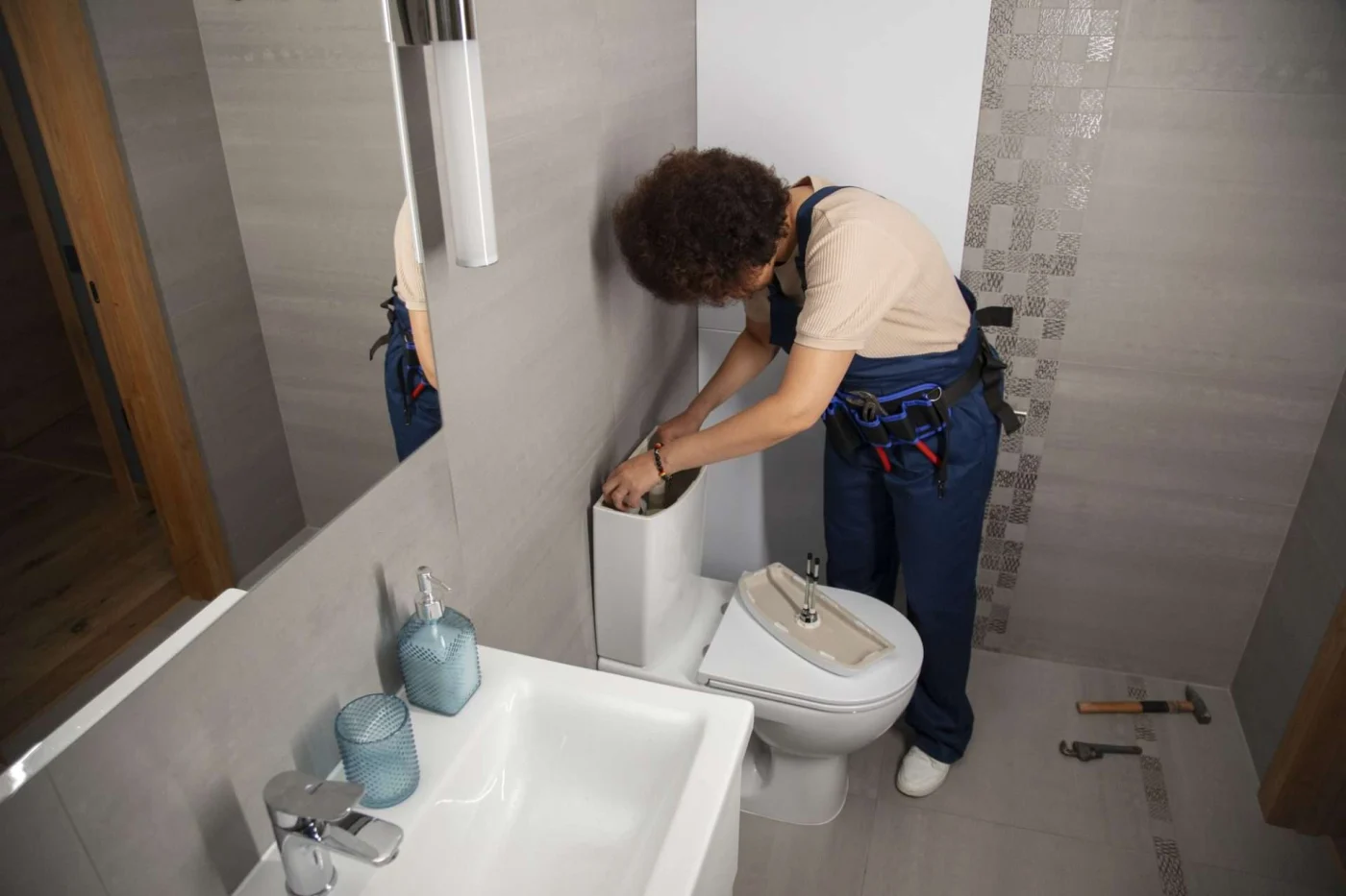 Female plumber addressing bathroom issues, representing key remodeling terminology in practice