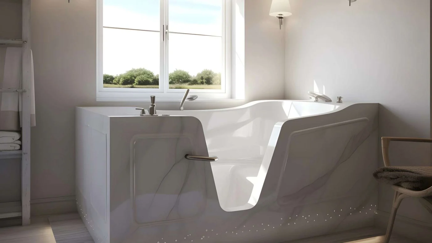 White walk-in bathtub in a bathroom with white walls and a large window