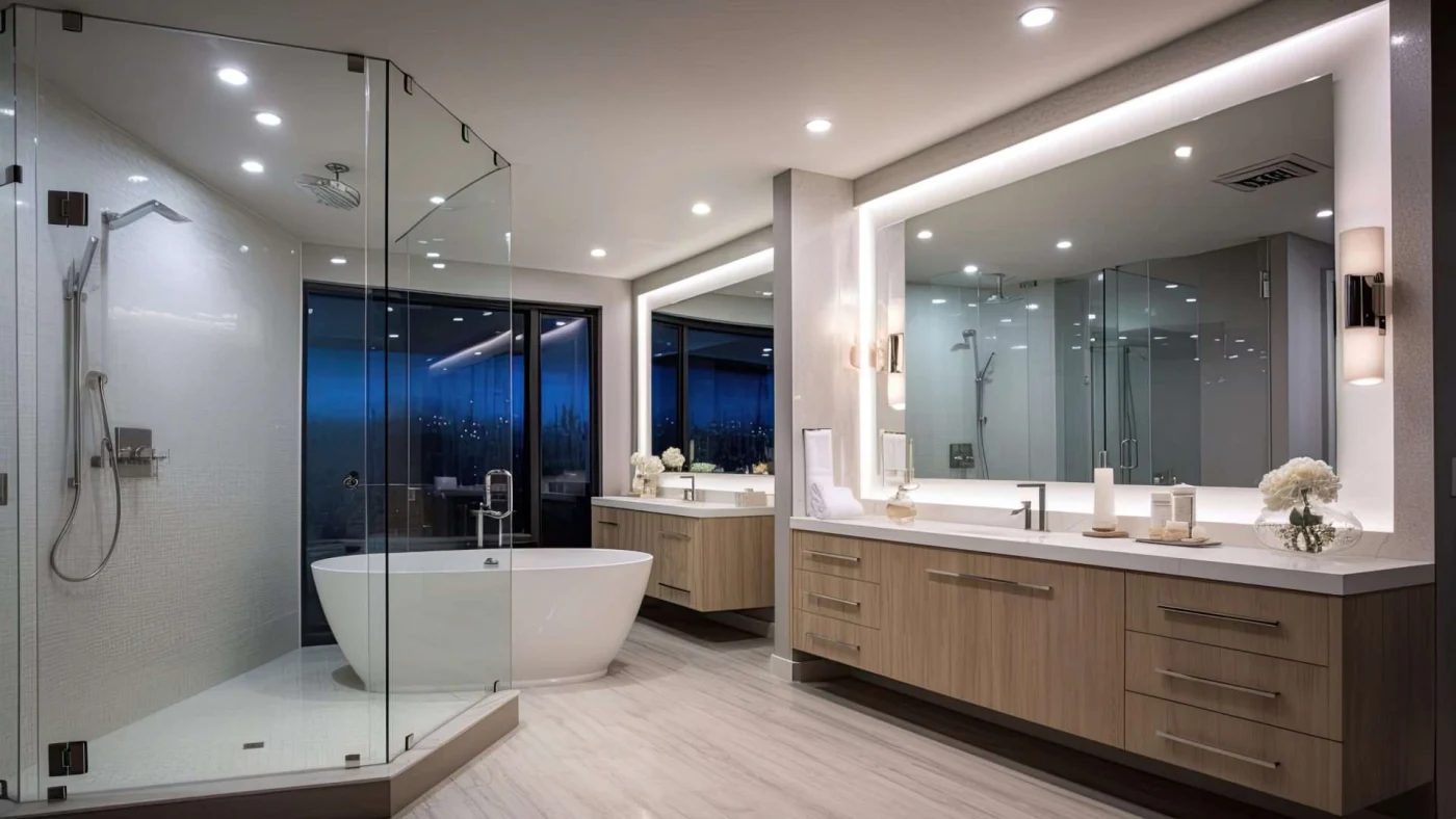 A large bathroom with a glass frameless shower door and a large tub at the end of the bathroom