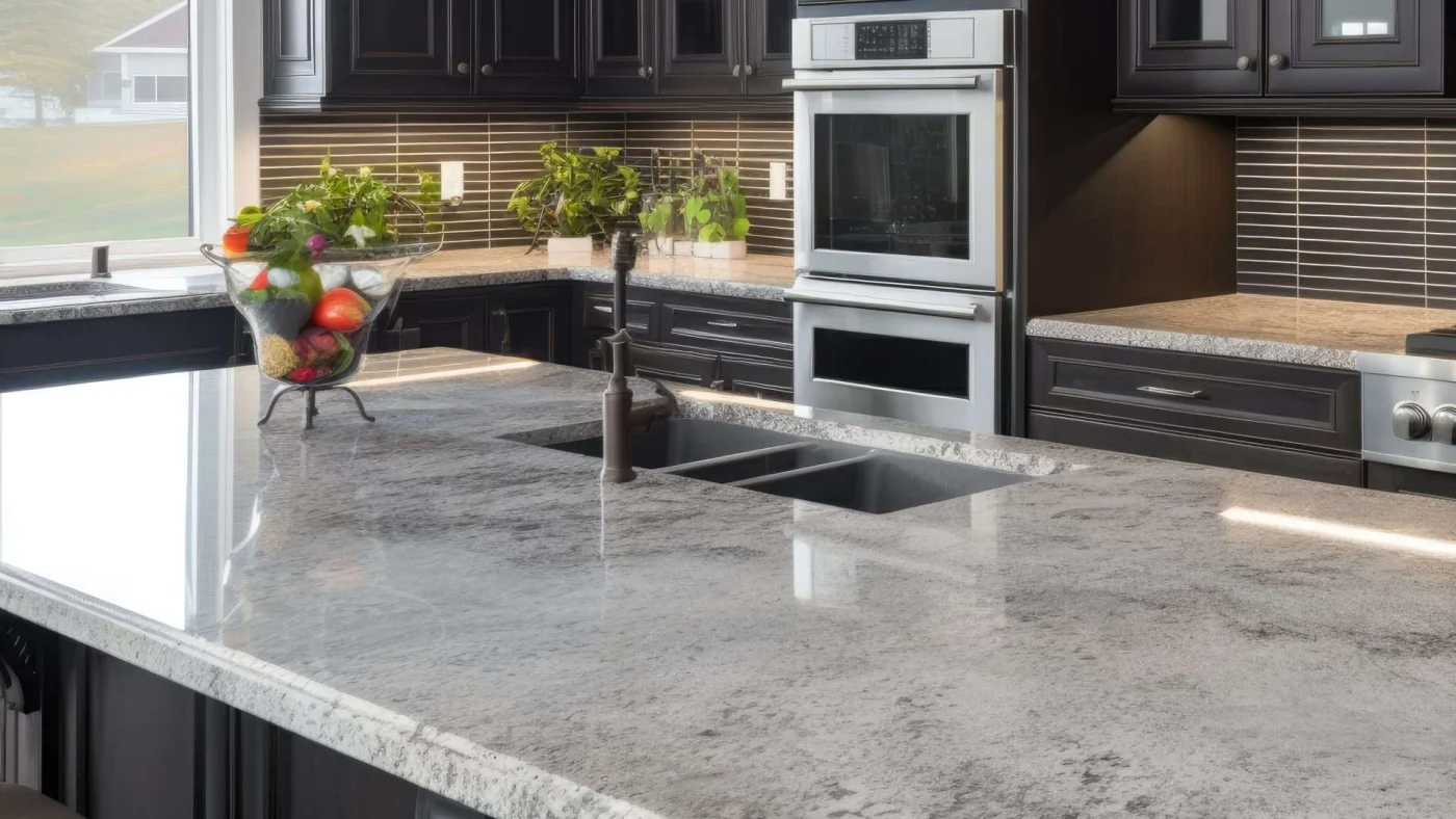 A kitchen with gray granite countertops and silver appliances