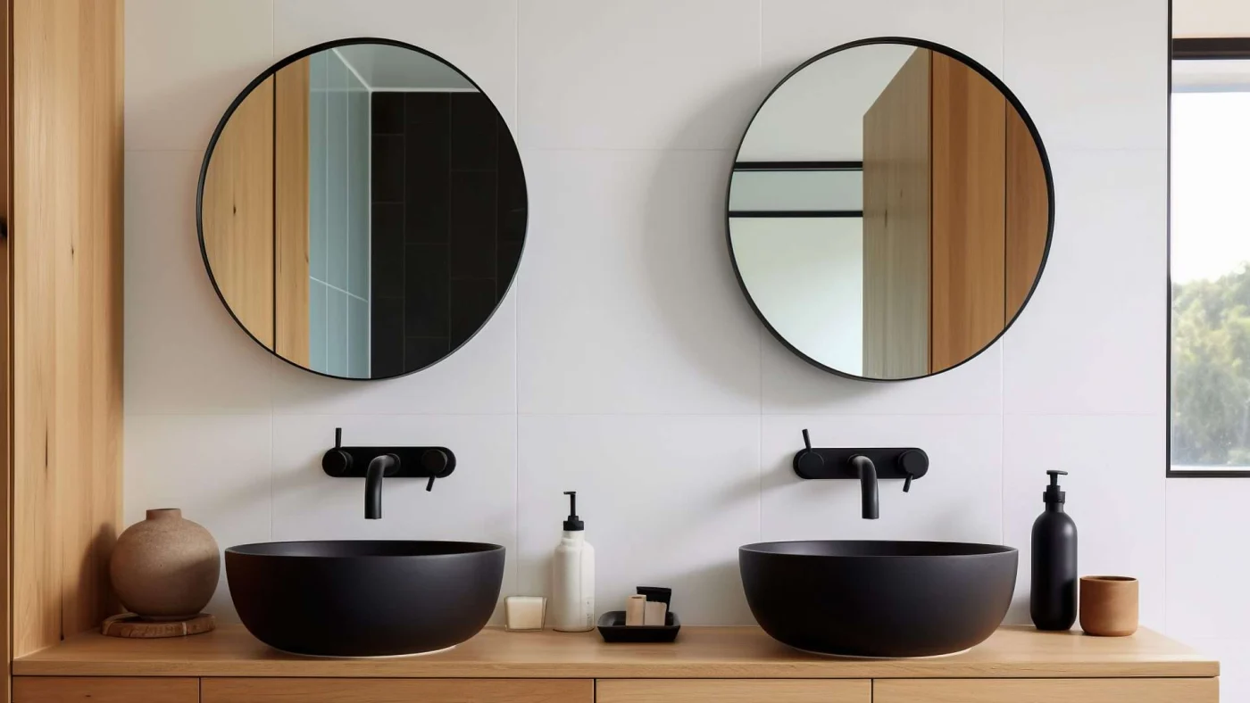 Best Mirrors Bathroom Remodeling Blue Springs Mo Jericho Home Improvements Circle mirrors above a wood vanity