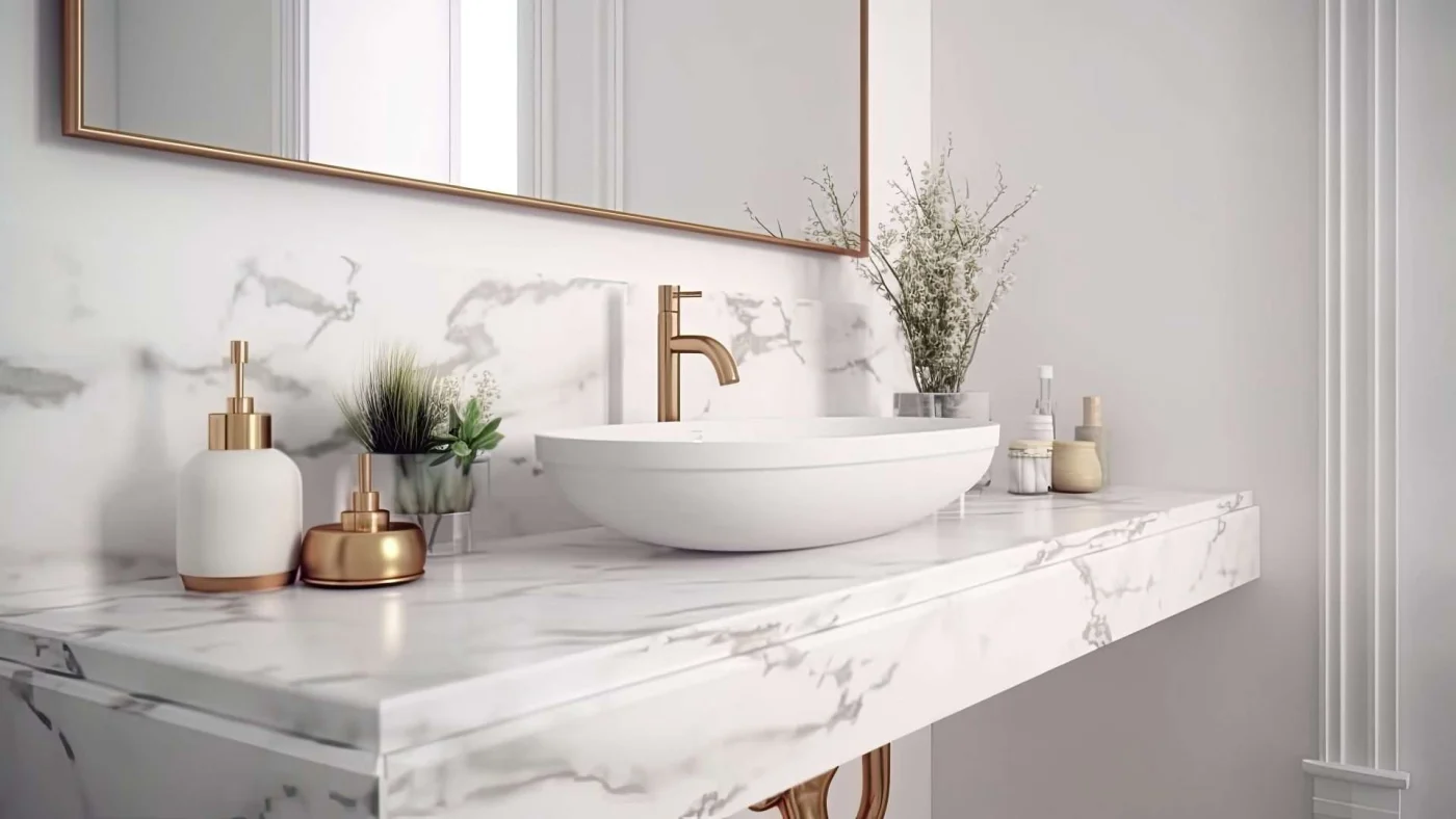 Marble vanity and white sink with gold hardware