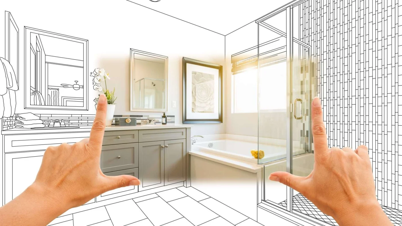 A bathroom remodel sketch with a photo of the completed remodel inlaid