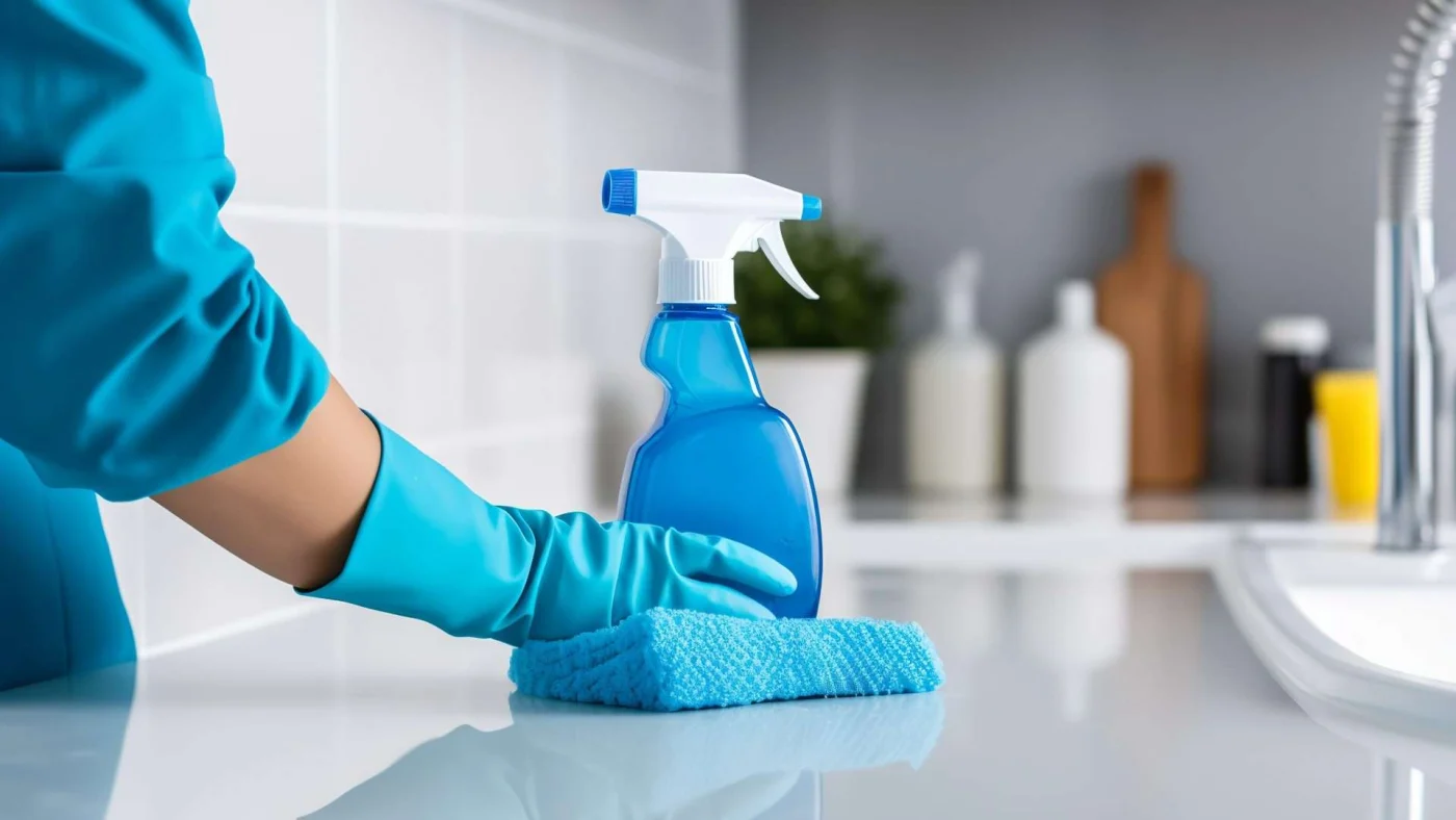 Person polishing a kitchen island