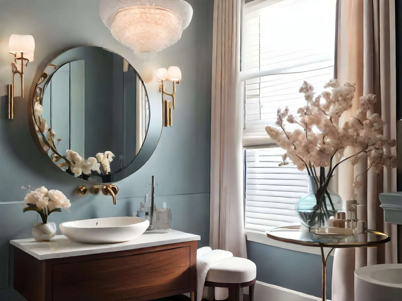 Elegant half bath / powder room with vanity, mirror, chandelier, and white flowers