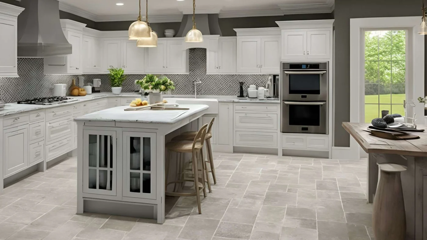 A modern kitchen with gray walls and flooring and white cabinets