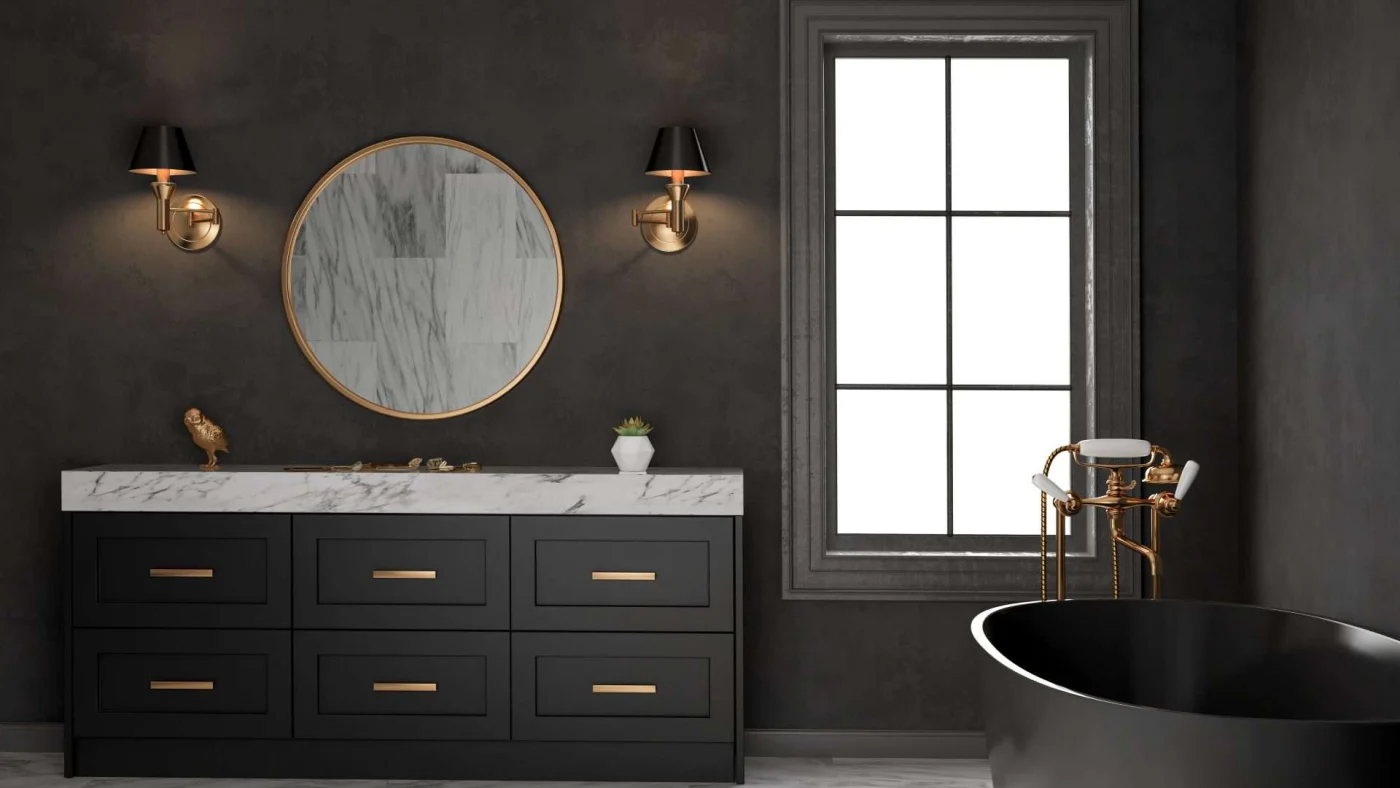 A bathroom with black walls, cabinets, and stand-alone bathtub featuring accent lights over the sink