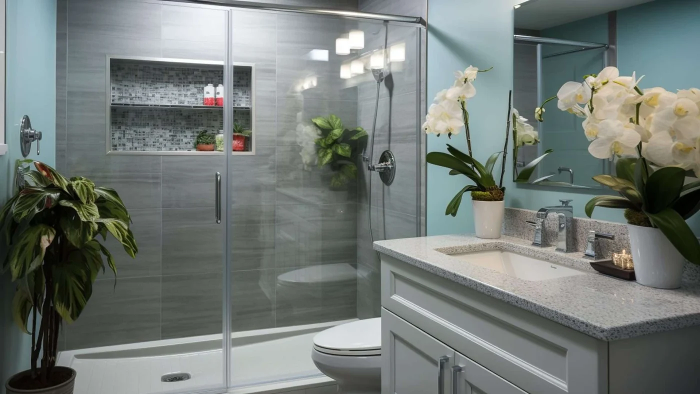 A bathroom with blue walls and a gray walk-in shower