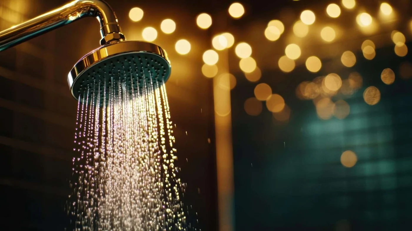 A Close Up Shot Of A Modern Shower Head Releasing Water In A Beautifully Lit Bathroom, Creating A Relaxing Atmosphere.