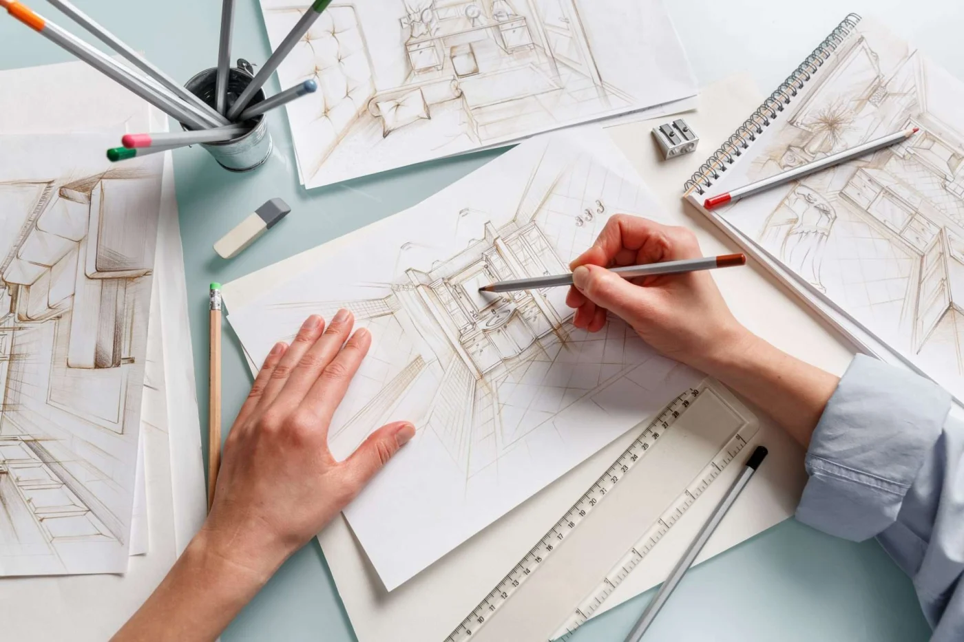 Interior Designer Making Hand Drawing Pencil Sketch Of A Bathroom