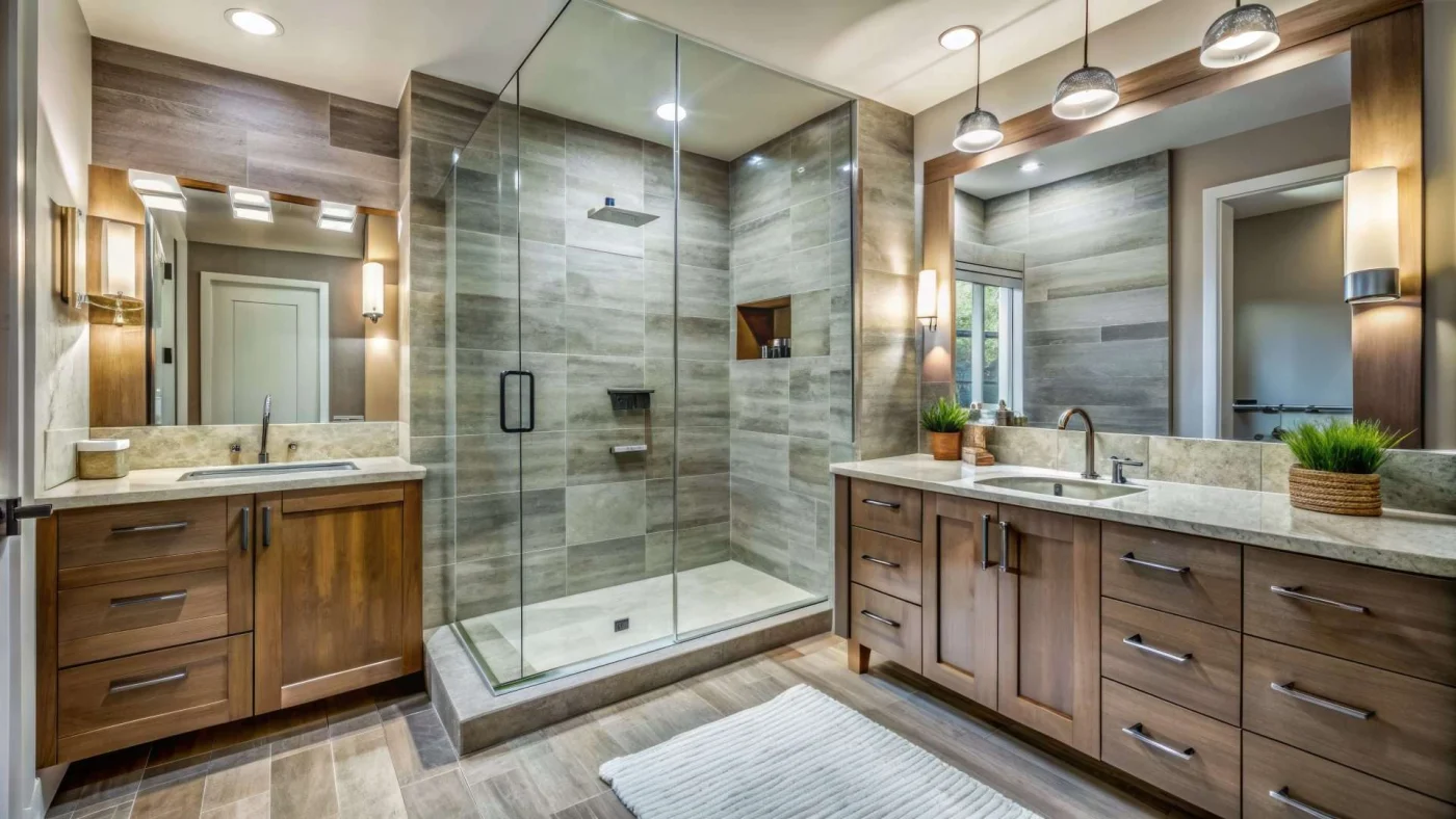 Renovated Bathroom Features Modern Fixtures, Sleek Cabinetry, And A Spacious Walk In Shower With Glass Doors And Stone Surround.