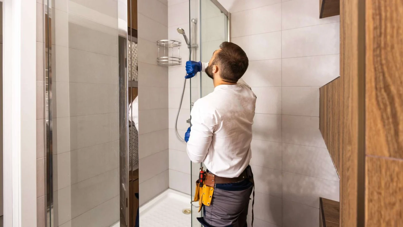 An installer finishes a tub-to-shower conversion by placing the glass door