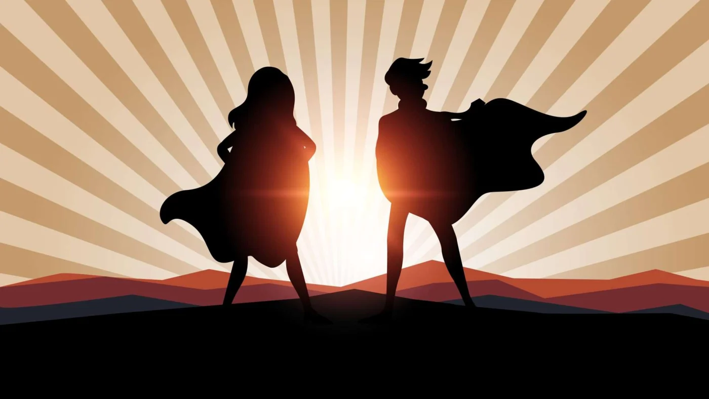 Two cartoon superheroes stand silhouetted in the sunlight