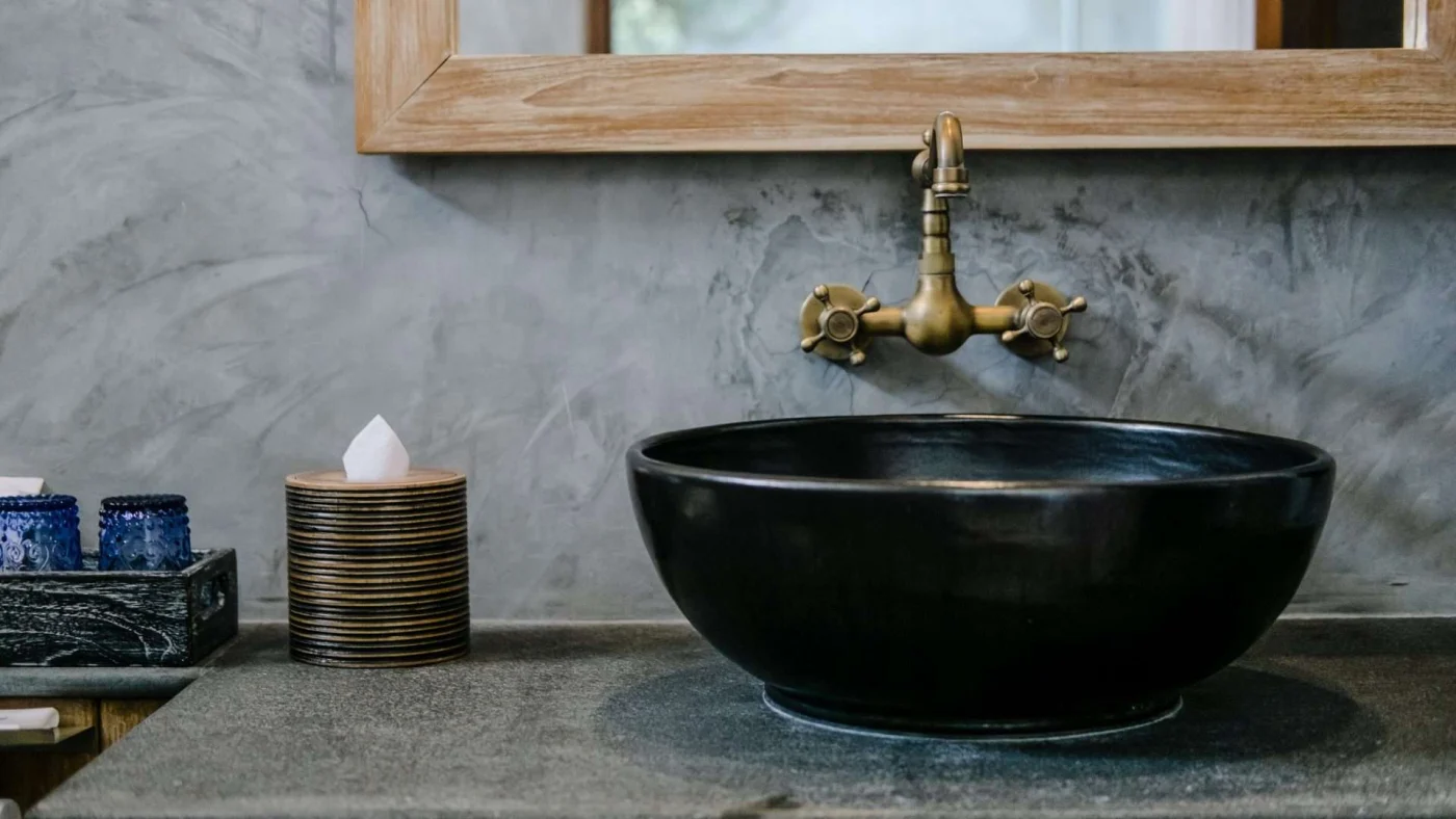 Closeup of a black bathroom sink basin