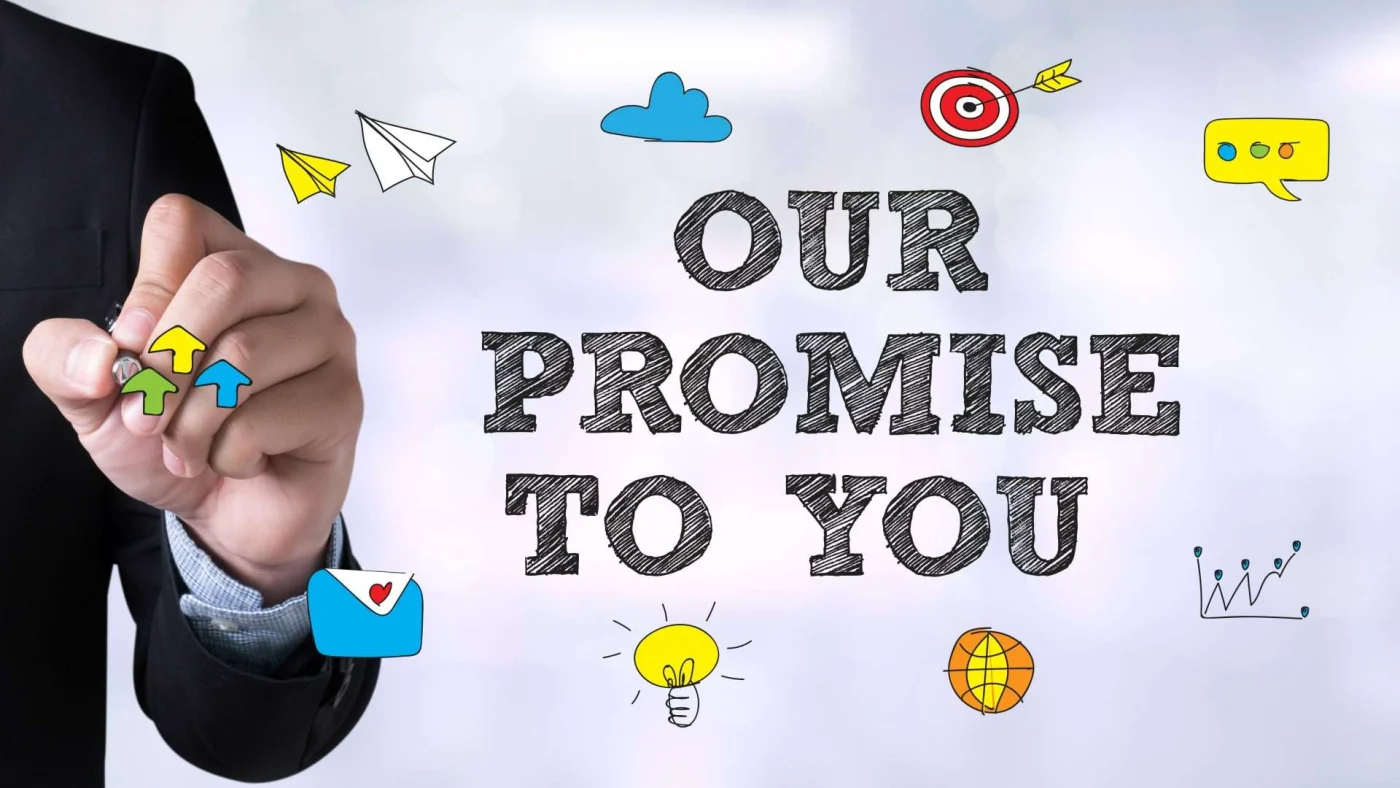 The words “Our Promise To You” surrounded by drawings made by a person in a business suit