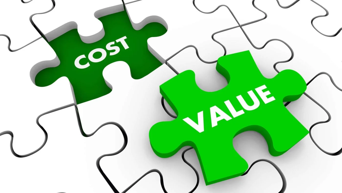 A puzzle with a missing piece labeled “Cost” with the only piece left labeled “Value”