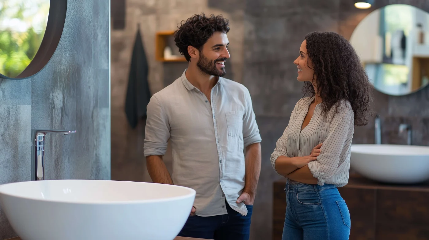Couple Chatting In A Stylish Bathroom While Considering Remodel Ideas During The Afternoon Light Kansas City couple browses products for their bathroom remodel
