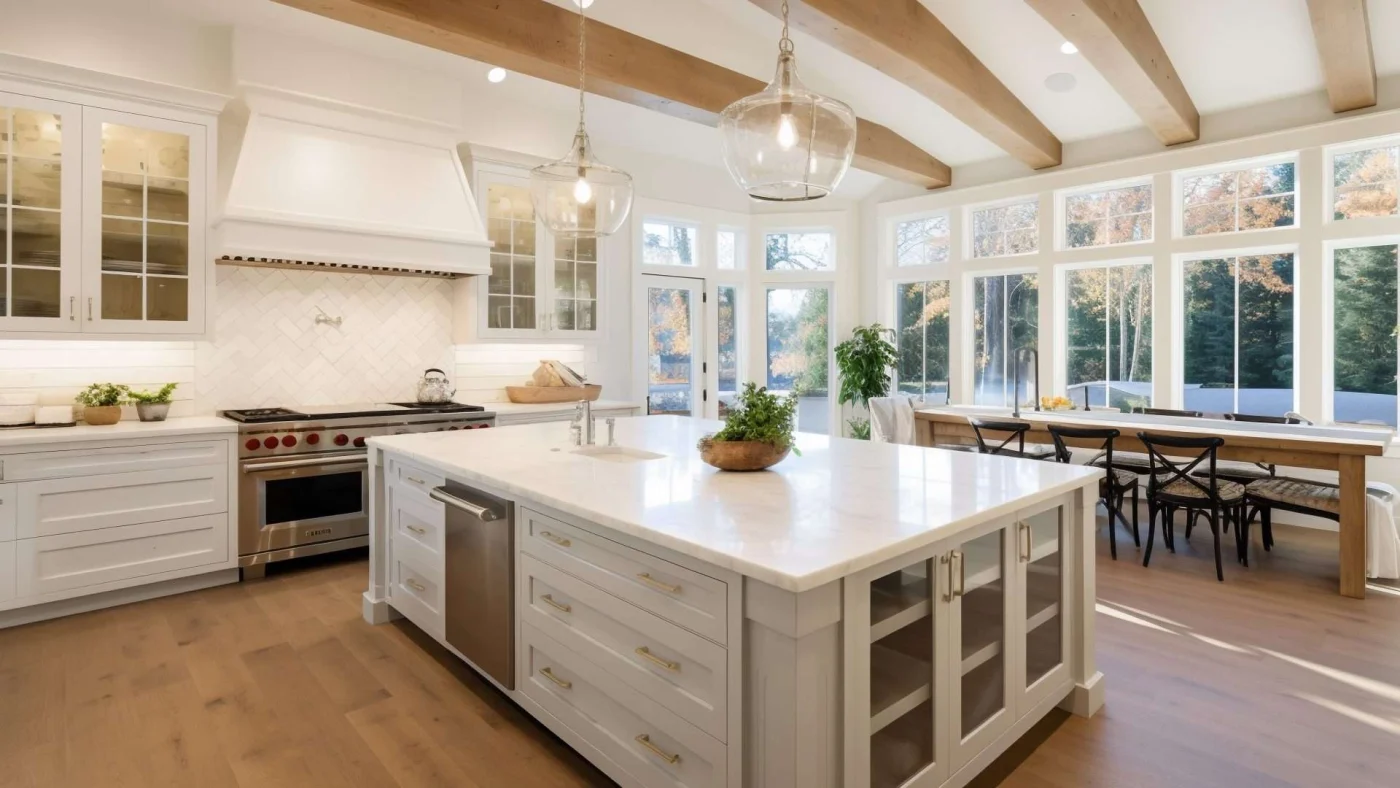 A beautiful kitchen in Lenexa, KS with a large island and lots of windows