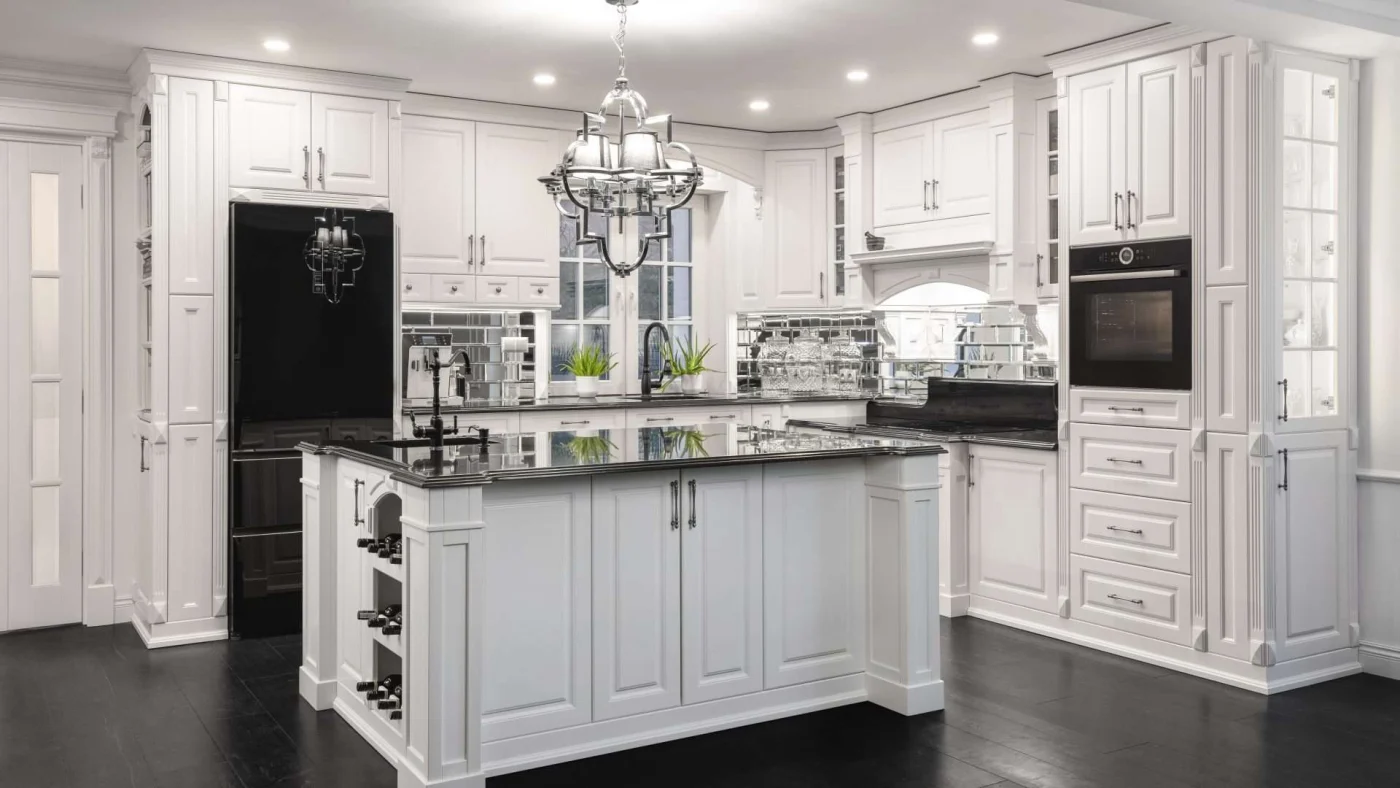 Interior view of a beautifully done kitchen with tons of cabinets and a center island complete with wine storage