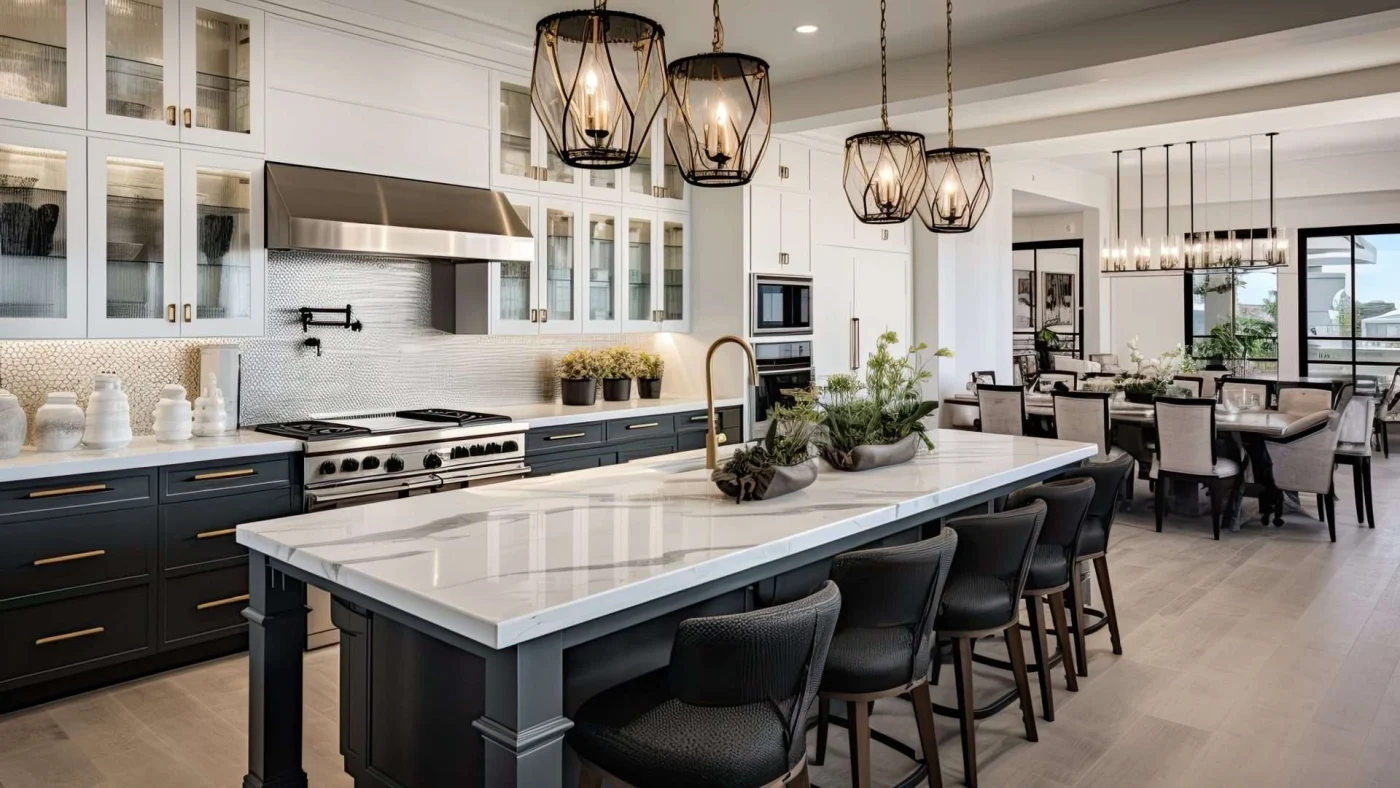 Newly remodeled kitchen with granite countertops and black light fixtures