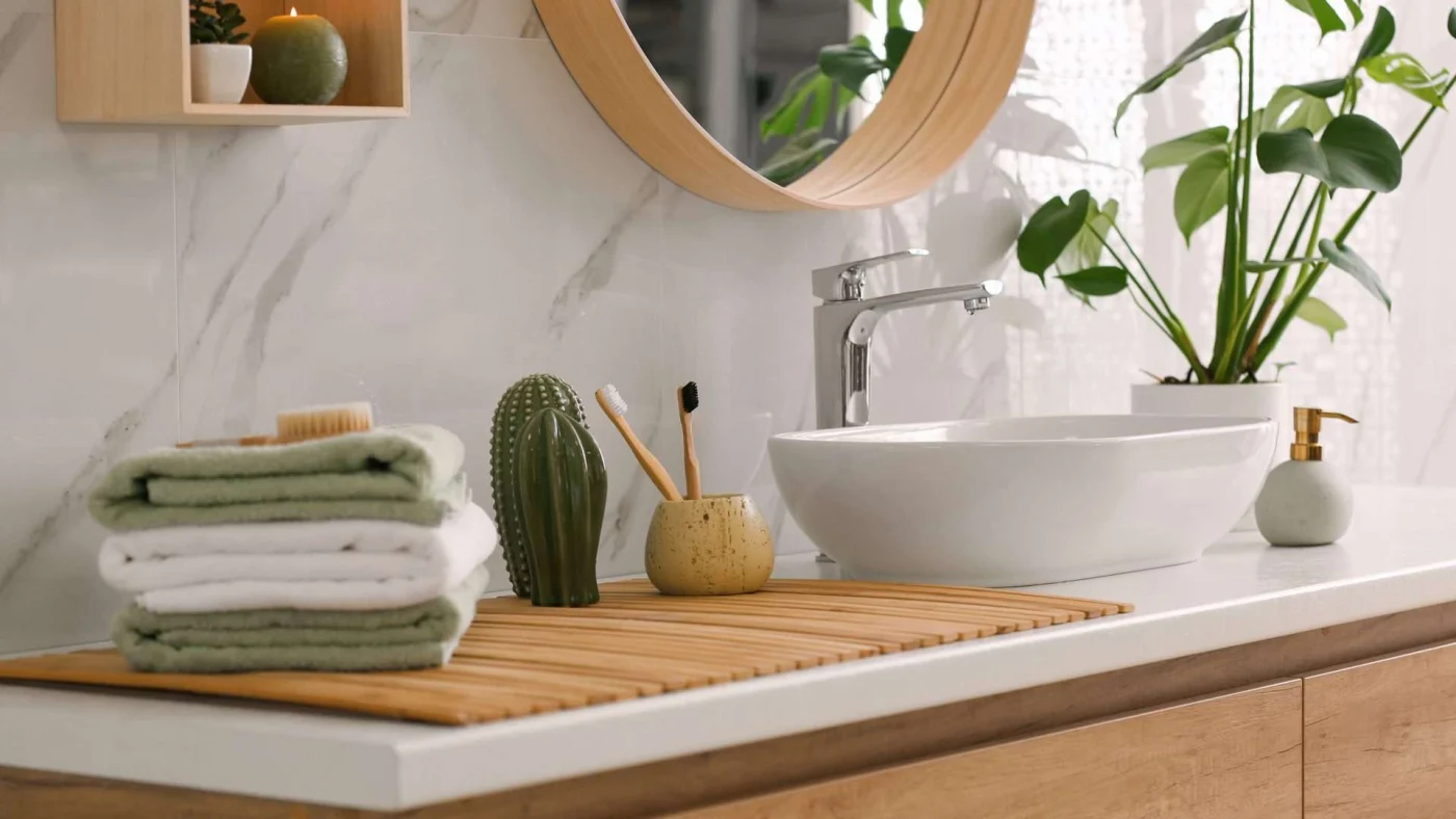 Close view of a bowl-sink vanity in a bathroom with a circular mirror and tiled walls