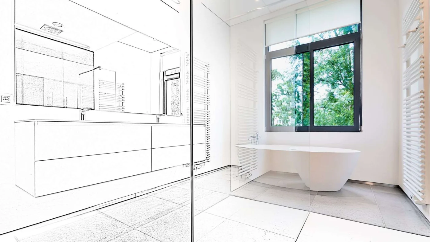 An image divided between a finished bathroom remodel and the design sketch used to plan the project