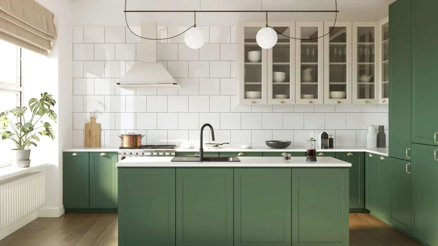 A kitchen with green counters on the bottom and white counters on top with a white tile backsplash