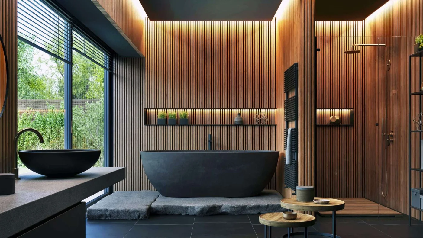 Frontal view of a large custom bathroom with a freestanding tub, bowl sink, separate shower area, and walls covered in wood slats