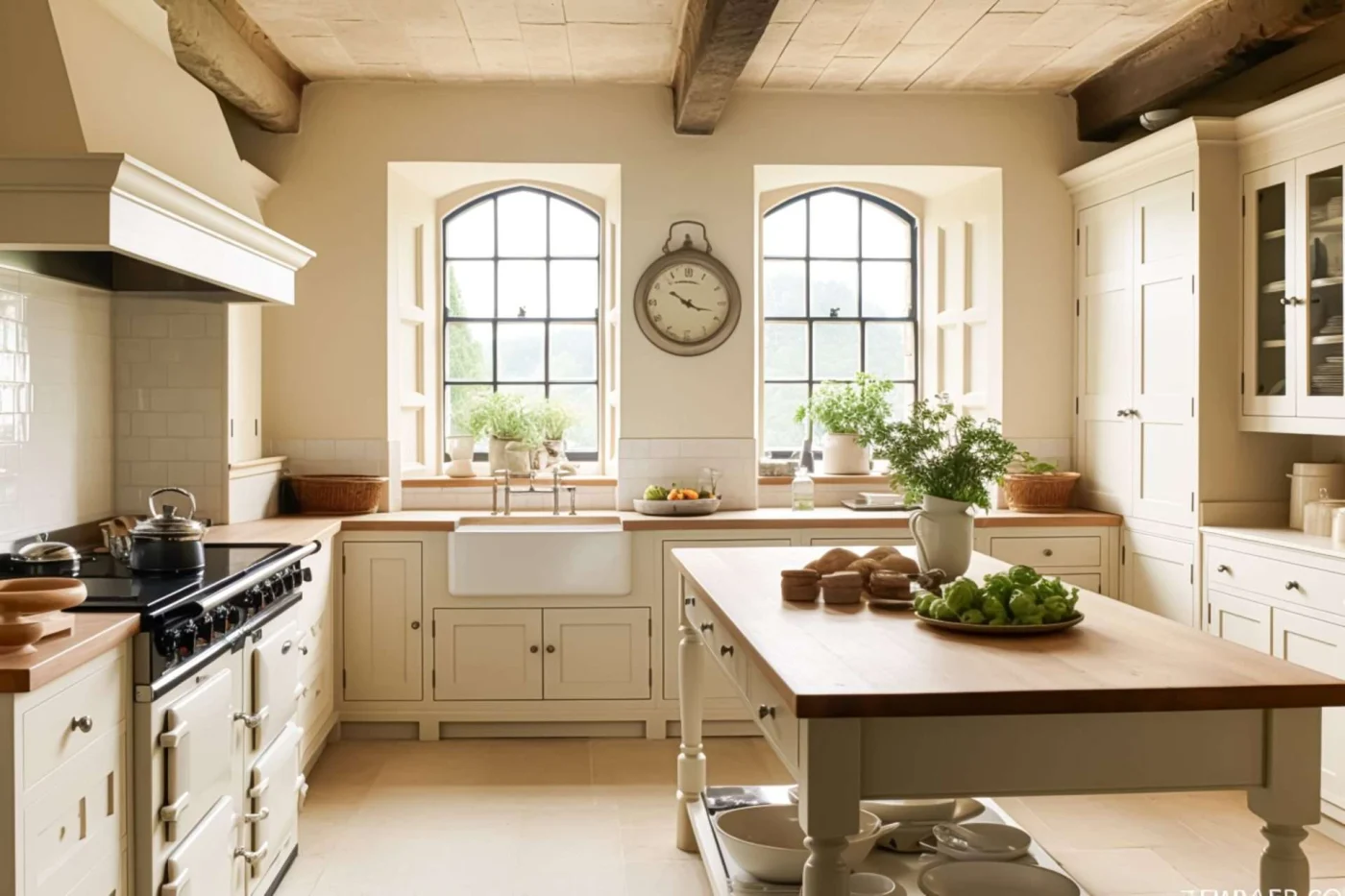 Classic English cottage kitchen remodel with ivory walls and cabinets