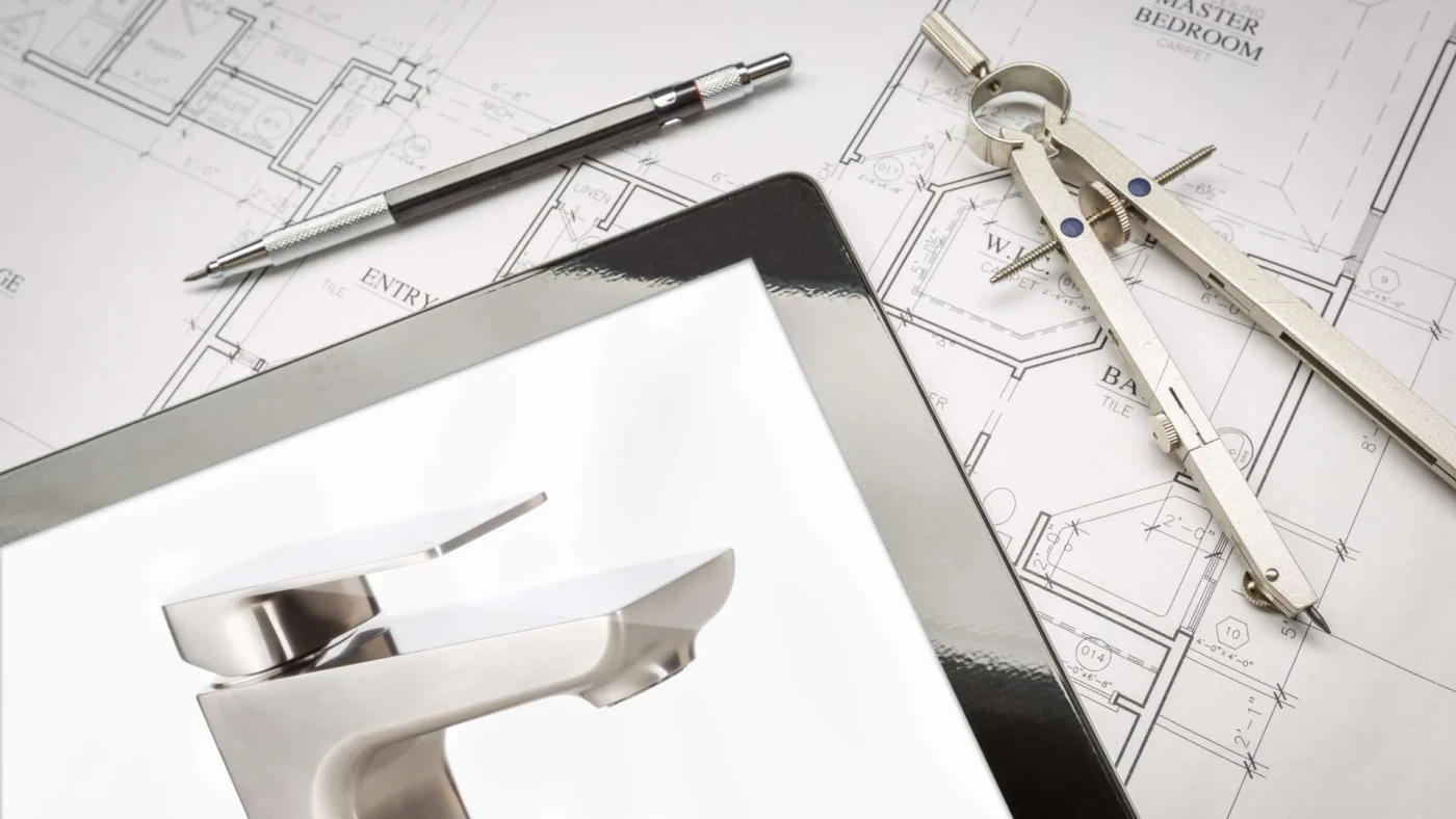 A tablet with a faucet model lays on top of home design plans