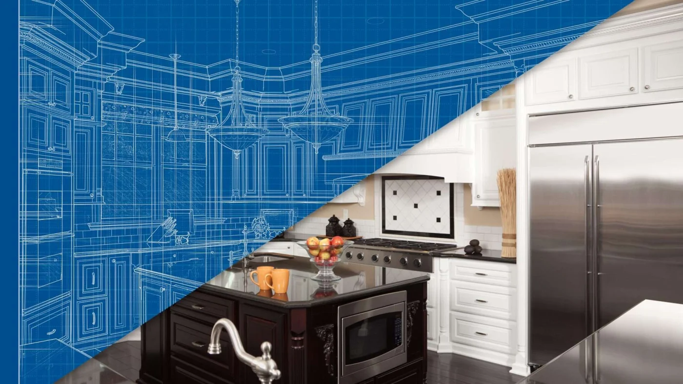 An image of a remodeled kitchen split diagonally with the blueprint designs