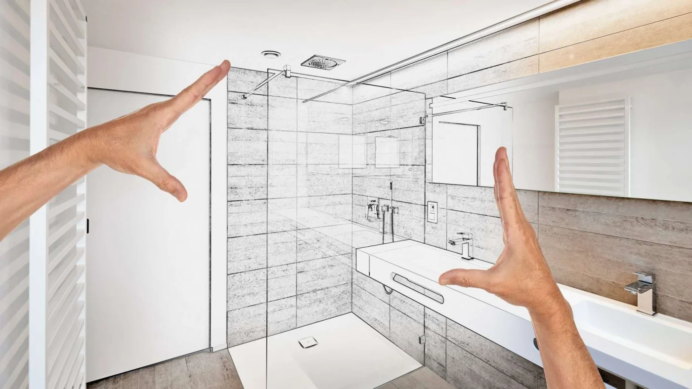 Two hands held up over bathroom remodel plans with the right side of the image merging with the finished project
