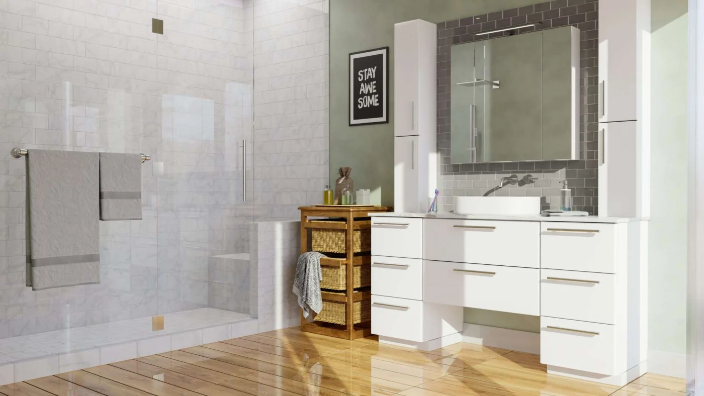 A bathroom with a white vanity, walk-in shower, and a brown wooden organizer