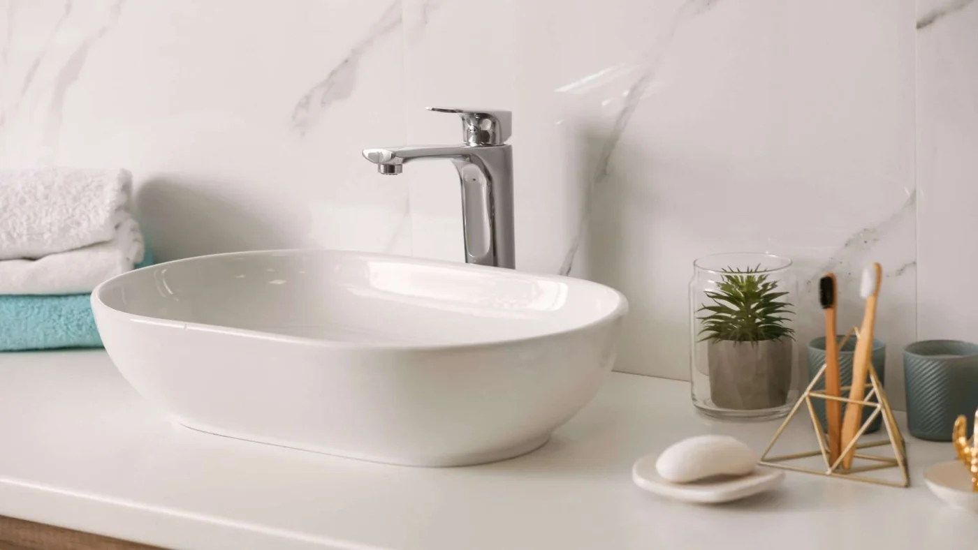 Closeup of a vessel sink basin in a bathroom