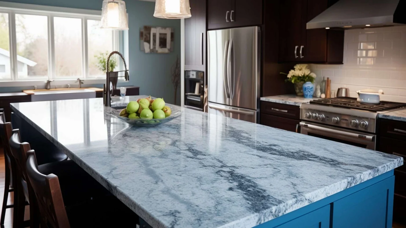 Angled view of kitchen island with granite countertop surrounded by dark stain cabinets and silver appliances