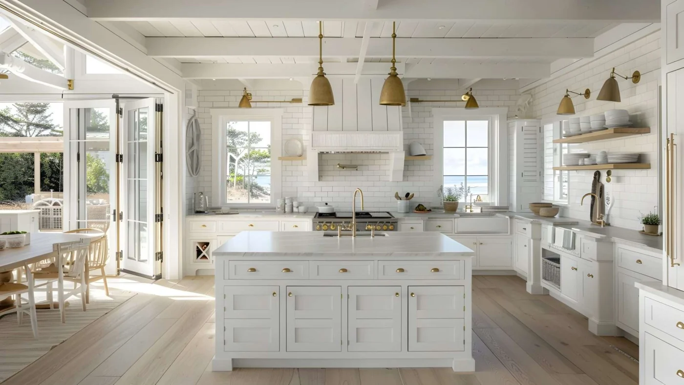 Beautiful spacious kitchen remodel with wood flooring, white cabinets, and white tile walls
