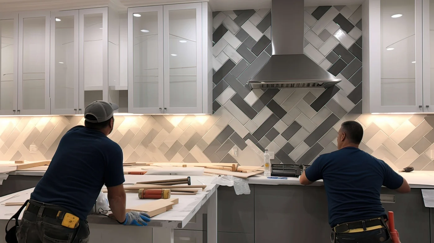 Workers remodeling a kitchen with new gray and white backsplash