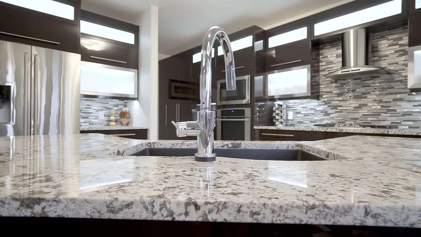 Close-up of white granite countertops in a luxury kitchen
