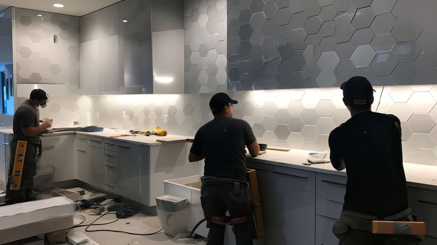 Crew completing a kitchen remodel in home