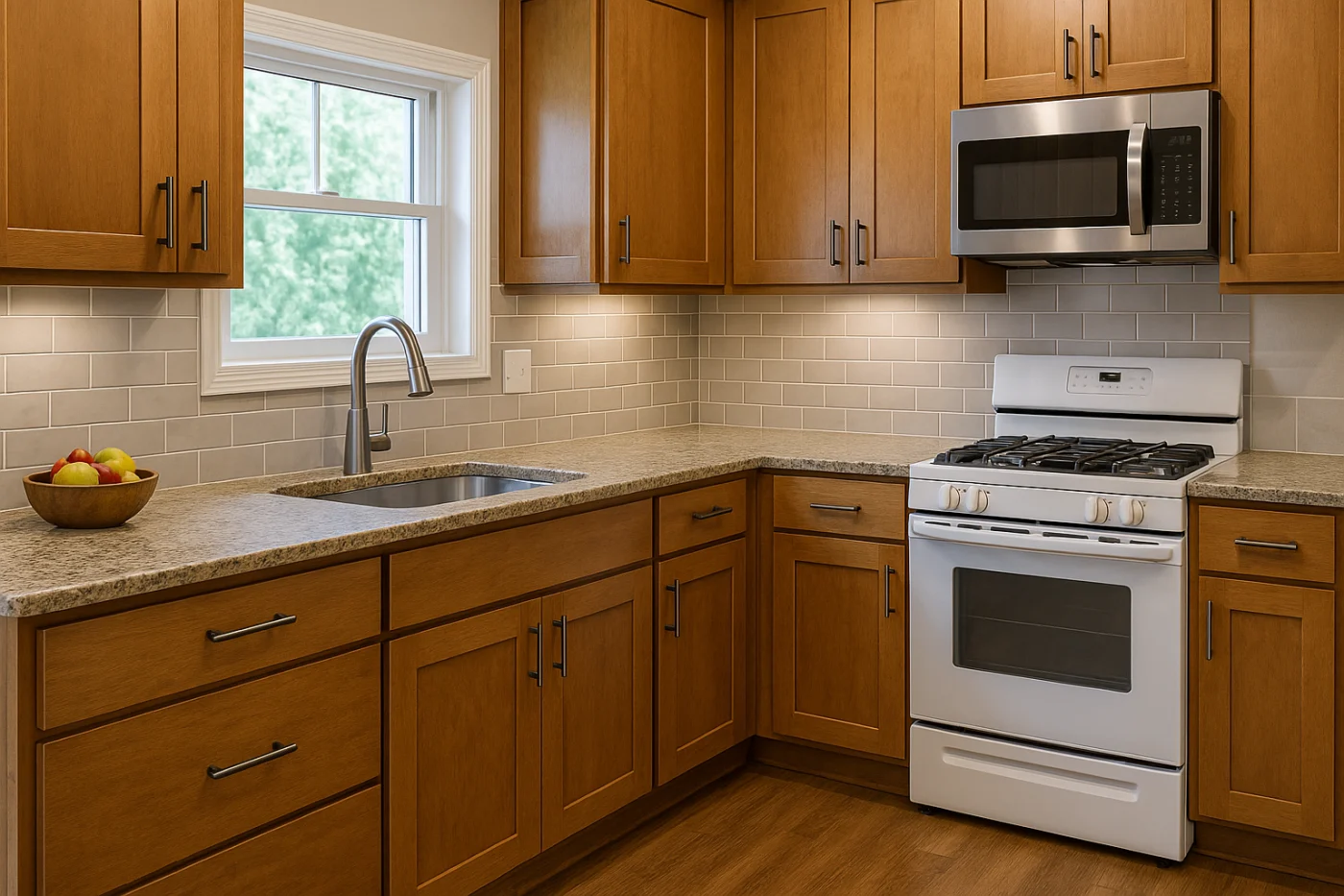 A digitally illustrated image of a kitchen and being refinished, with a new modern tile backsplash, a new stain on refinished cabinetry with new dark hardware, granite countertops, and a modern kitchen sink below the window.