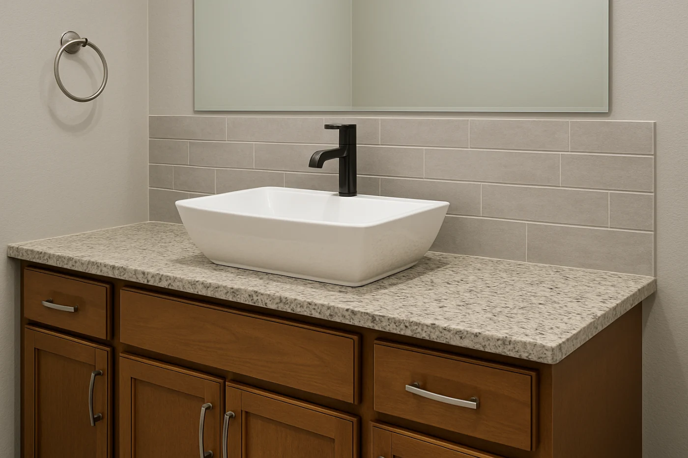 A digitally illustrated image of a new bathroom vanity with granite countertops, a white vessel sink with black hardware, newly-stained cabinetry and drawers with silver hardware, and a modern tile backsplash below the mirror.