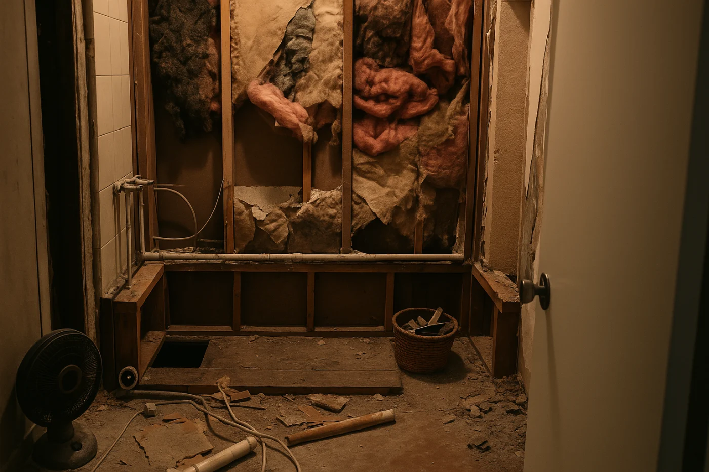 Gutted bathroom with exposed wall studs, torn insulation, and construction debris scattered across the unfinished floor, showing a project abandoned mid-renovation.